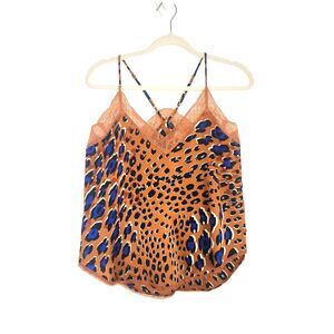 Women’s Leopard Print Orange Blue Black Spaghetti Strap Laced Camisole Top SMALL